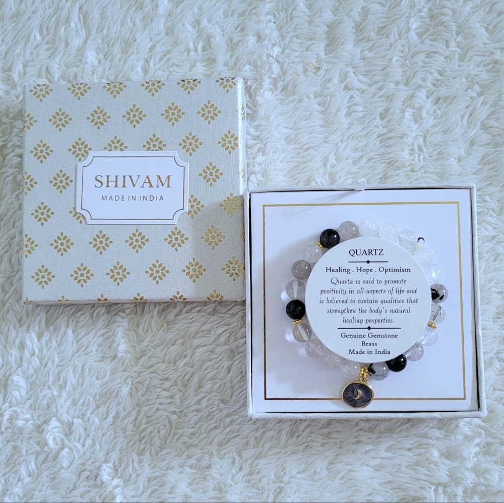 Shivam Mixed Quartz Stretch Bracelet with Crescent Moon🌙 Charm - NIB